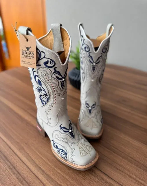 Texana Alice - Couro Off-White/Bordado Tribal Azul Marinho com Padroeira/Metais - Imagem 2