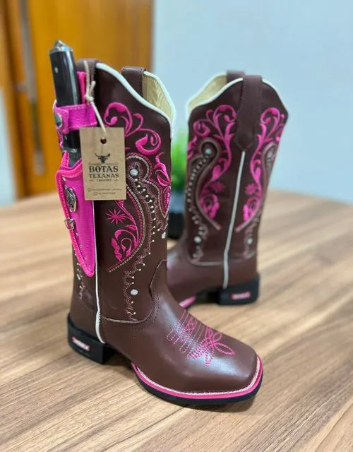 Texana Alice com Kit Faca - Couro Látego Marrom/Bordado Tribal Rosa