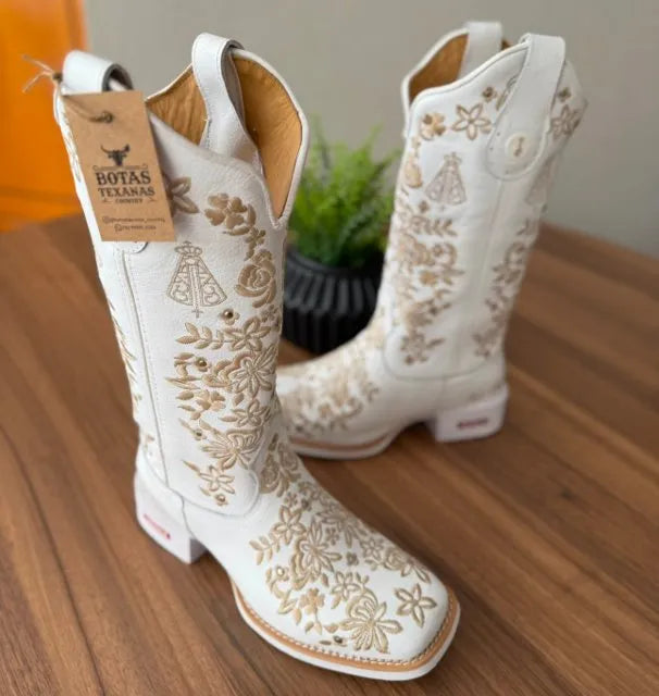 Texana Maitê - Couro Floatter Branco/Bordado Florência Bege com Padroeira e Metais