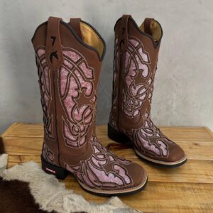 Texana Pipoco - Couro Crazy Horse Nescau | Glitter Rosa e Bordados Bege