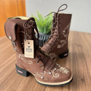 Coturno Estela com Kit Canivete - Couro Horse Nescau/Bordado Flores Marrom e Bege com Metais