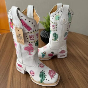 Texana Fabiana - Couro Floatter Branco/Bordado Símbolos