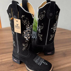 Texana Julia - Couro Nobuck Preto/Bordado Cavalo Branco