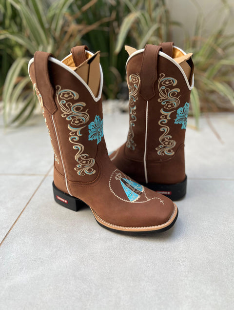 BOTA TEXANA BORDADO FLOR E NOSSA SENHORA AZUL CLARO COURO MARROM - Imagem 2