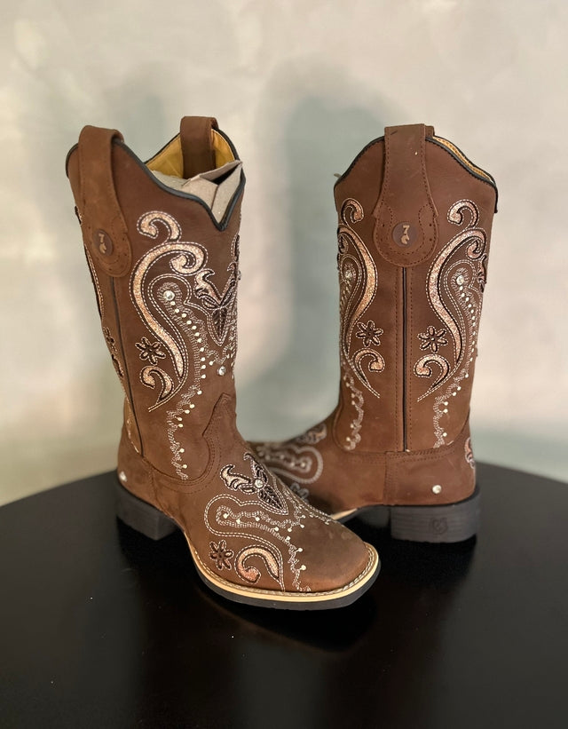 BOTA TEXANA LASER TRIBAL GLITTER ROSA BEBÊ COM STRASS COURO MARROM