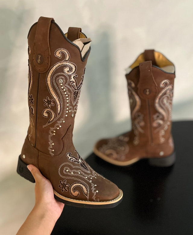 BOTA TEXANA LASER TRIBAL GLITTER ROSA BEBÊ COM STRASS COURO MARROM - Imagem 2